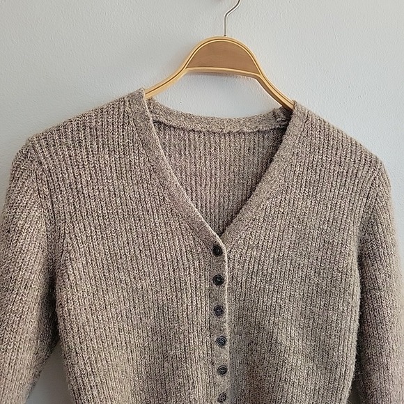 Commense Flare Sleeve Button Cardigan Tan Rib Knit V Neck Casual Classic - Picture 3 of 11